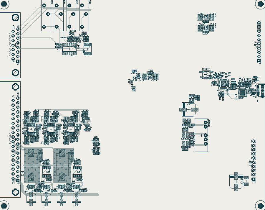 The pressure and vacuum board in the layout editor, part routed, with both D-sub footprints on the left edge.