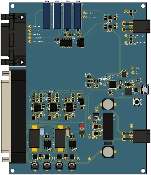 Top view of the pressure and vacuum board model: two D-sub connectors on the left edge and three matched sensor front ends.
