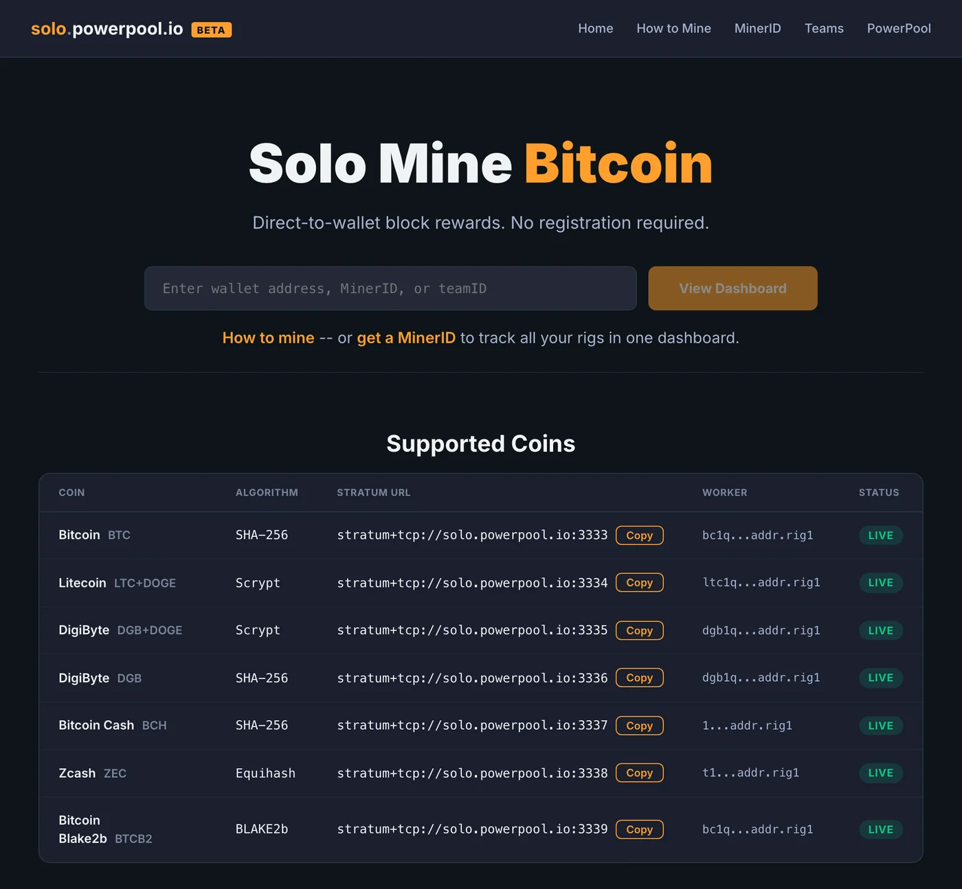 The solo.powerpool.io home page. Headline: Solo Mine Bitcoin. Below it a table of seven supported coins, each with its algorithm, a stratum address on ports 3333 to 3339, and a live status.