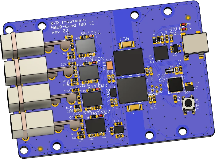 3D model of a board with four thermocouple connectors along one edge and four isolated input channels. The silkscreen reads B/R Instrument, M690 Quad ISO TC, Rev 02.